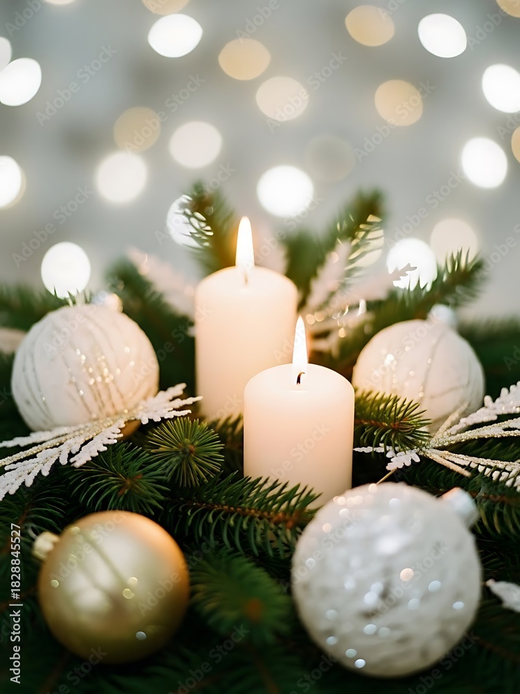 Fototapeta premium Warm Christmas Bokeh Photography with Two Advent Candles, Evergreen Branches, White and Gold Ornaments, Soft Focus Glow, Shallow Depth of Field, Elegant Holiday Scene with Magical Candlelight