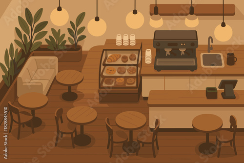 Cozy coffee shop interior with pastry display and seating, perfect for inviting cafe ambiance and relaxed social scenes in editorial designs