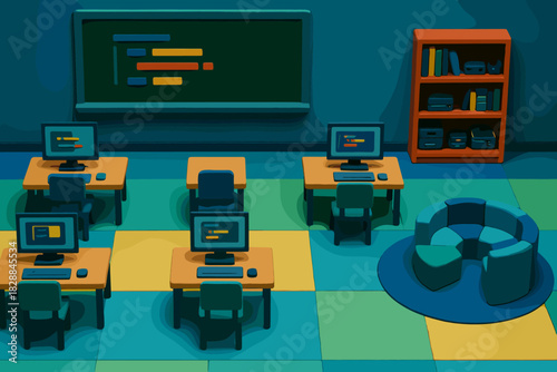 Engaging computer lab setup for creative learning and coding projects. Modern classroom design to inspire innovation and collaboration in tech education