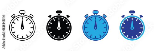 Collection of four stopwatch icons representing time measurement and speed, in outline, solid black, light blue, and dark blue styles.