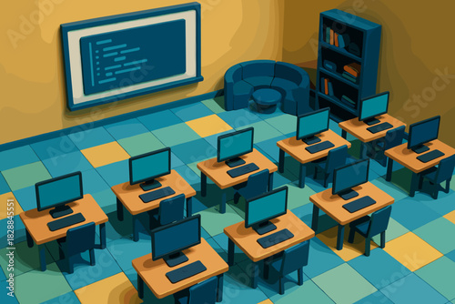 Inspiring computer lab setup for education and learning, creating a modern and professional environment for software development and programming classes