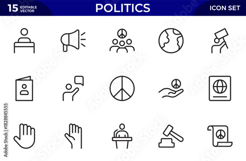 Politics outline Icon Set. A comprehensive collection of icons representing political themes.Thin outline icons pack. Vector illustration