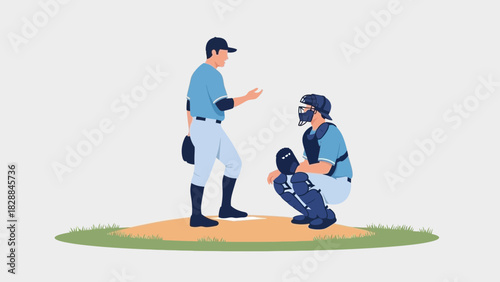Baseball coach offering advice to catcher on the field, vector illustration for sports teams, training, teamwork, or competitive games, sportsmanship