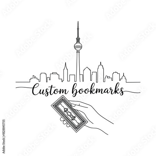 Custom bookmarks with berlin skyline and hands holding a bookmark