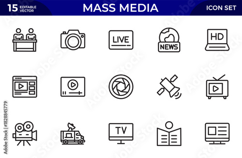 Mass media line icons set. media business concept. Media outline icons set.Thin outline icons pack. Vector illustration