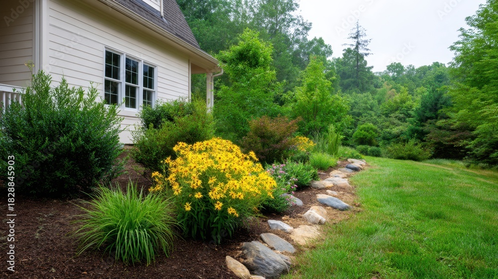 Naklejka premium Lush Garden Landscape with Vibrant Yellow Flowers and Stone Pathway Near Cozy House Surrounded by Greenery and Trees on a Peaceful Day