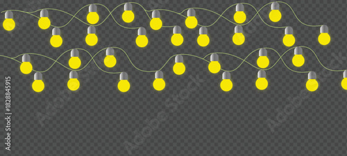 Christmas bulbs twinkle with gentle shine. Wreath light chain wraps celebration invite. Neon sparkle shapes warm visual mood. Transparent light arc highlights festive promo.black and white background