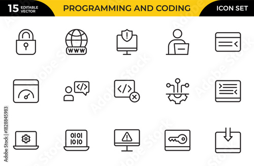 Programming and coding icon set. Contains such Icons as code, api, programmer, developer, information technology, coder. Thin outline icons pack. Vector illustration