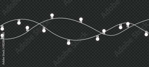 Christmas bulbs twinkle with gentle shine. Wreath light chain wraps celebration invite. Neon sparkle shapes warm visual mood. Transparent light arc highlights festive preye glasses vector illustration