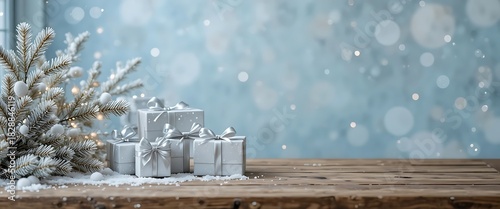 Winter holiday gifts on wooden table with white tree
