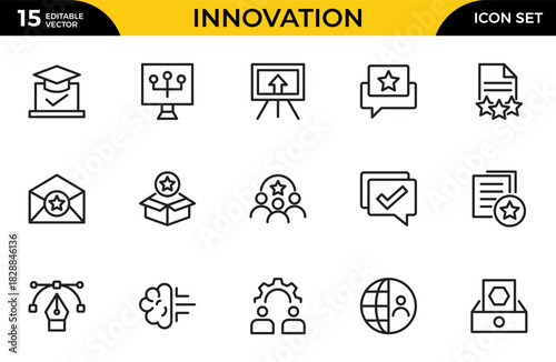 Innovation line icon set. Containing idea, invention, creativity, concept, startup, agile, prototype, process, visionary and more. Thin outline icons pack. Vector illustration
