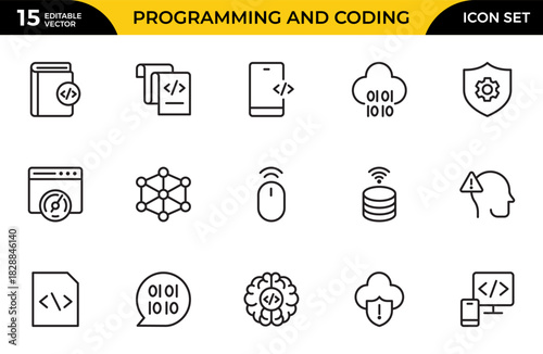 Programming and coding icon set. Contains such Icons as code, api, programmer, developer, information technology, coder. Thin outline icons pack. Vector illustration