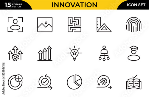 Innovation line icon set. Containing idea, invention, creativity, concept, startup, agile, prototype, process, visionary and more. Thin outline icons pack. Vector illustration