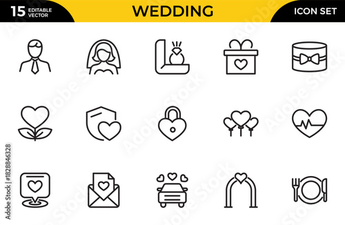 Wedding line icons set. wedding couple bride marriage flat icon pack. Thin outline icons pack. Vector illustration