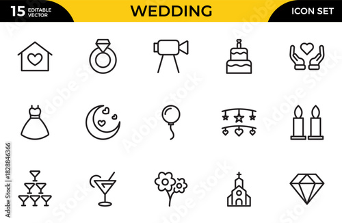 Wedding line icons set. wedding couple bride marriage flat icon pack. Thin outline icons pack. Vector illustration