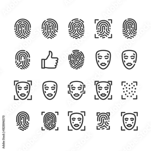 Collection of Fingerprint and Face Recognition Icons in Black and White Outline Style.