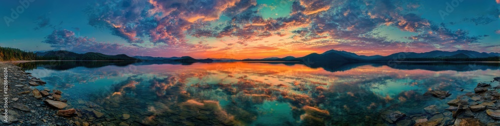Fototapeta premium Serene lake at sunset, vibrant clouds reflected