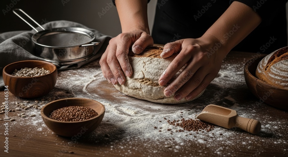 Fototapeta premium Baker Kneading Freshly Baked Artisan Sourdough Bread