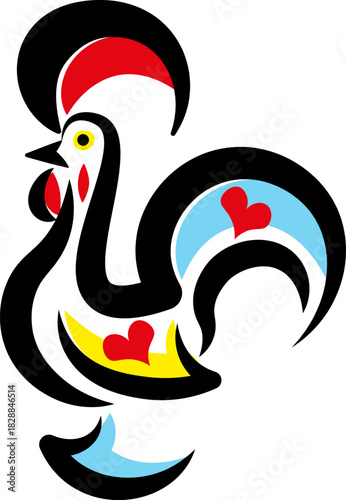 Iconic Galo de Barcelos rooster logo inspired by Portuguese folklore and traditional folk art. Ideal for travel branding, tourism materials, cultural projects, crafts, souvenirs.