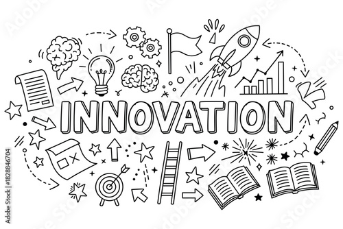 Creative innovation sketch with doodles of ideas, rocket, and growth