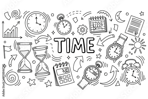 Hand-drawn time doodles with clocks, calendars, and hourglasses in black and white