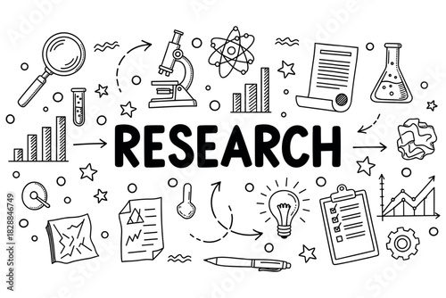 Scientific research elements in doodle style: microscopes, graphs, and lab equipment