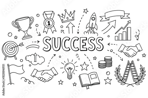 Success concept with icons of achievement and growth in black and white doodles