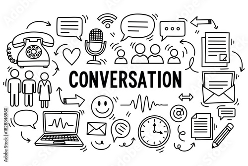 Communication doodles: microphone, laptop, speech bubbles, and conversation icons