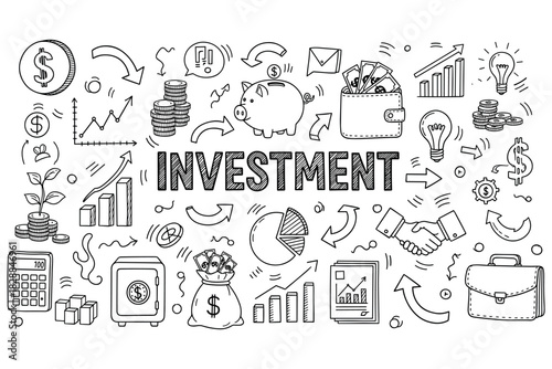 Illustrated investment concepts with charts, money, and piggy bank background