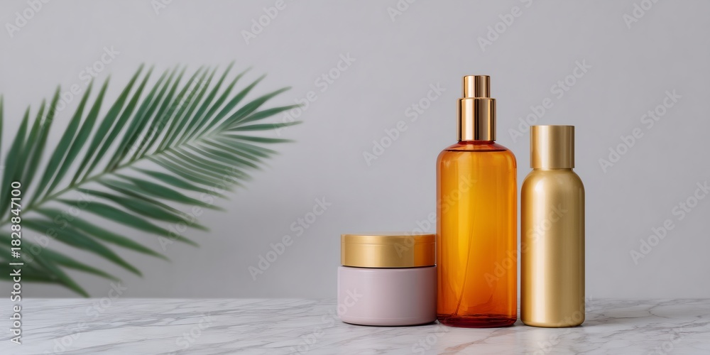 Fototapeta premium Three bottles of perfume are displayed on a table