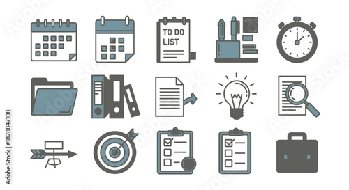 Collection of Hand-Drawn Business and Productivity Icons in a Flat Style.