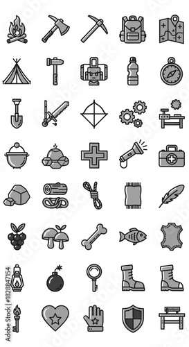 Collection of Hand-Drawn Camping and Outdoor Adventure Icons in Gray Scale.