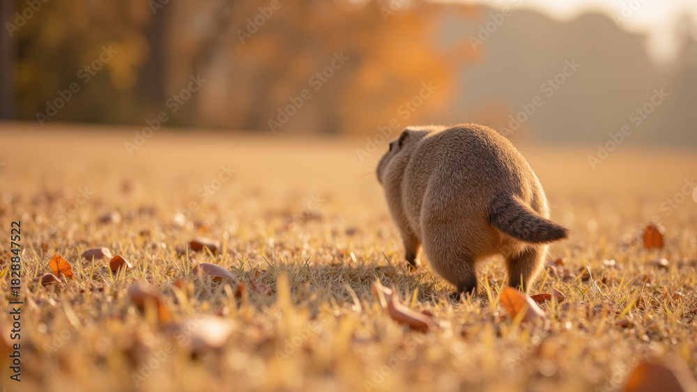 Obraz premium Small animal walks through grassy field covered with autumn leaves, surrounded by warm, golden light. scene evokes sense of tranquility and nature