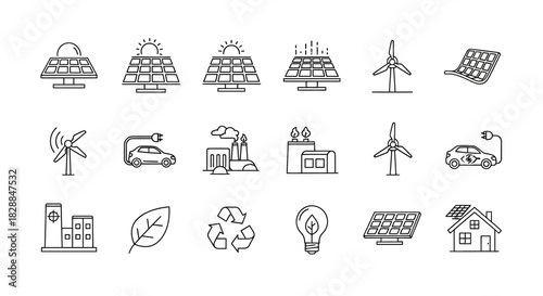 Collection of Hand-Drawn Icons Representing Renewable Energy and Sustainable Technology.