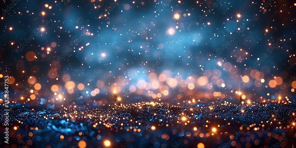 Naklejka premium Panoramic Bokeh Lights and Dust Particles Flowing Abstract Background