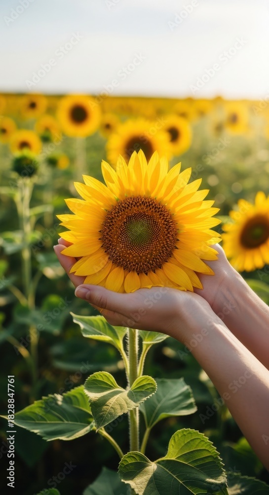 Fototapeta premium Hands holding vibrant sunflower in field at sunset