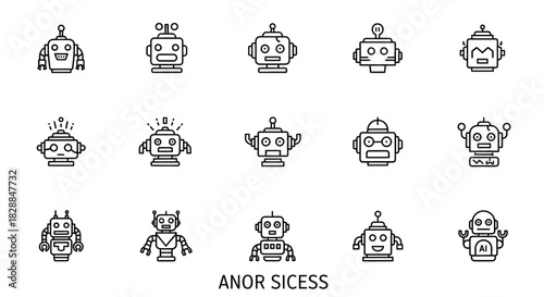 Collection of Fifteen Detailed Black and White Robot Head Icons, Various Designs.