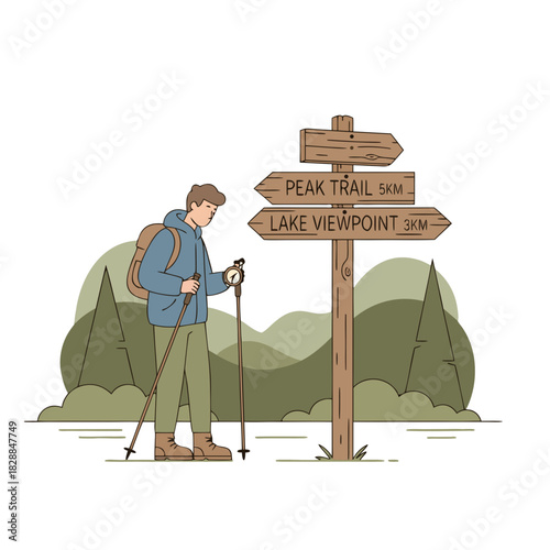 Man Climbs Mountain With Poles And Backpack Wearing Winter Jacket And Boots Near Signpost Showing Trail And Lake Directions