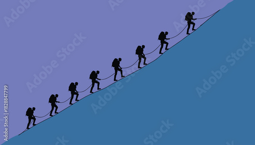 Mountain climbing, team silhouette, outdoor adventure, rope safety, hiking group, black illustration, steep slope, teamwork effort, nature challenge, expedition scene