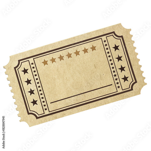 Vintage blank ticket with stars and decorative border on transparent background