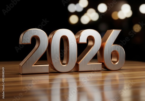 2026 Metallic Numbers On Wooden Floor With Bokeh Lights For New Year Celebration