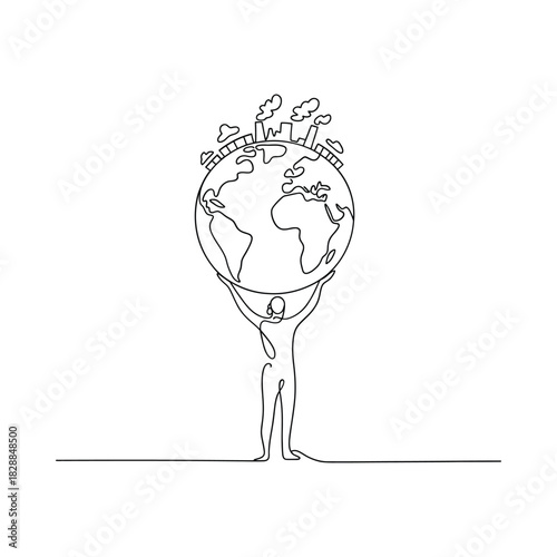 Humanity holding up the world in a continuous line drawing