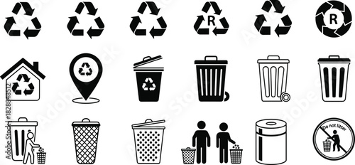 Recycling icons, waste management, trash bin, eco symbol, environmental design, black vector, sustainability graphic, litter warning, clean planet, green action