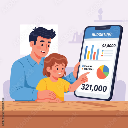 Father teaching child budgeting with modern finance app on a phone