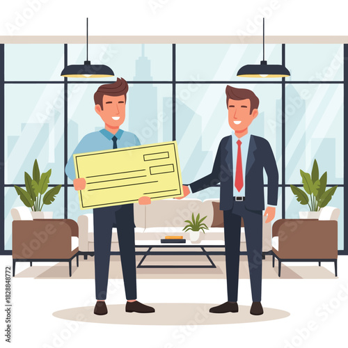 Two businessmen celebrate major deal with oversized check in modern office