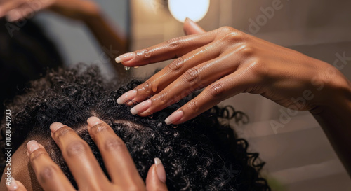 Close up of black woman hands massaging moisturizing oil into natural afro hair and scalp, symbolizing self care beauty routine and embracing authentic texture during black history month.