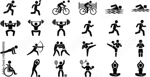Sports icons, fitness silhouette, physical activity, black vector, exercise graphic, athlete motion, workout design, health symbol, training pose, active lifestyle