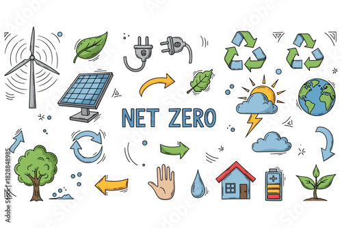 Net zero energy concept with renewable symbols and environmental icons