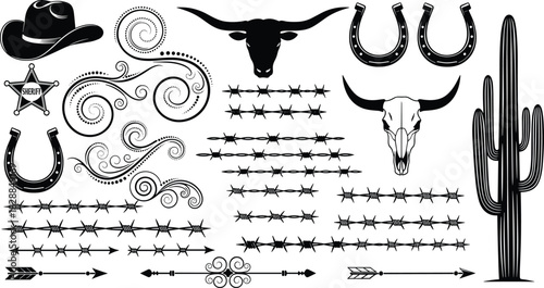 Western icons, cowboy theme, bull skull, sheriff badge, cactus silhouette, barbed wire, vintage design, rodeo style, wild west, rustic elements