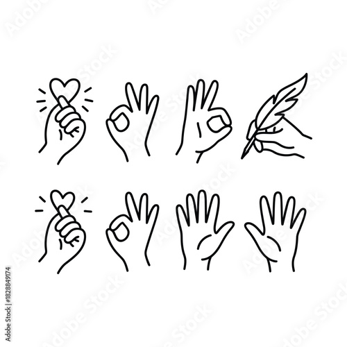 Hand gestures doodle collection with heart sign and okay symbol